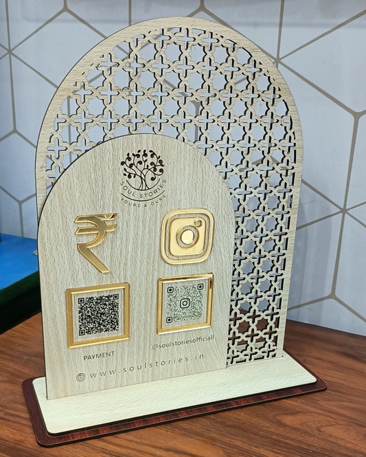 Elegant Wooden QR Code Standee With Laser Cut & Engraved
