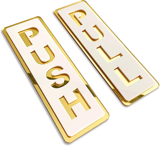 Elegant Push Pull Golden White Glass Door Signage - Acrylic Self-Adhesive Sticker for Office
