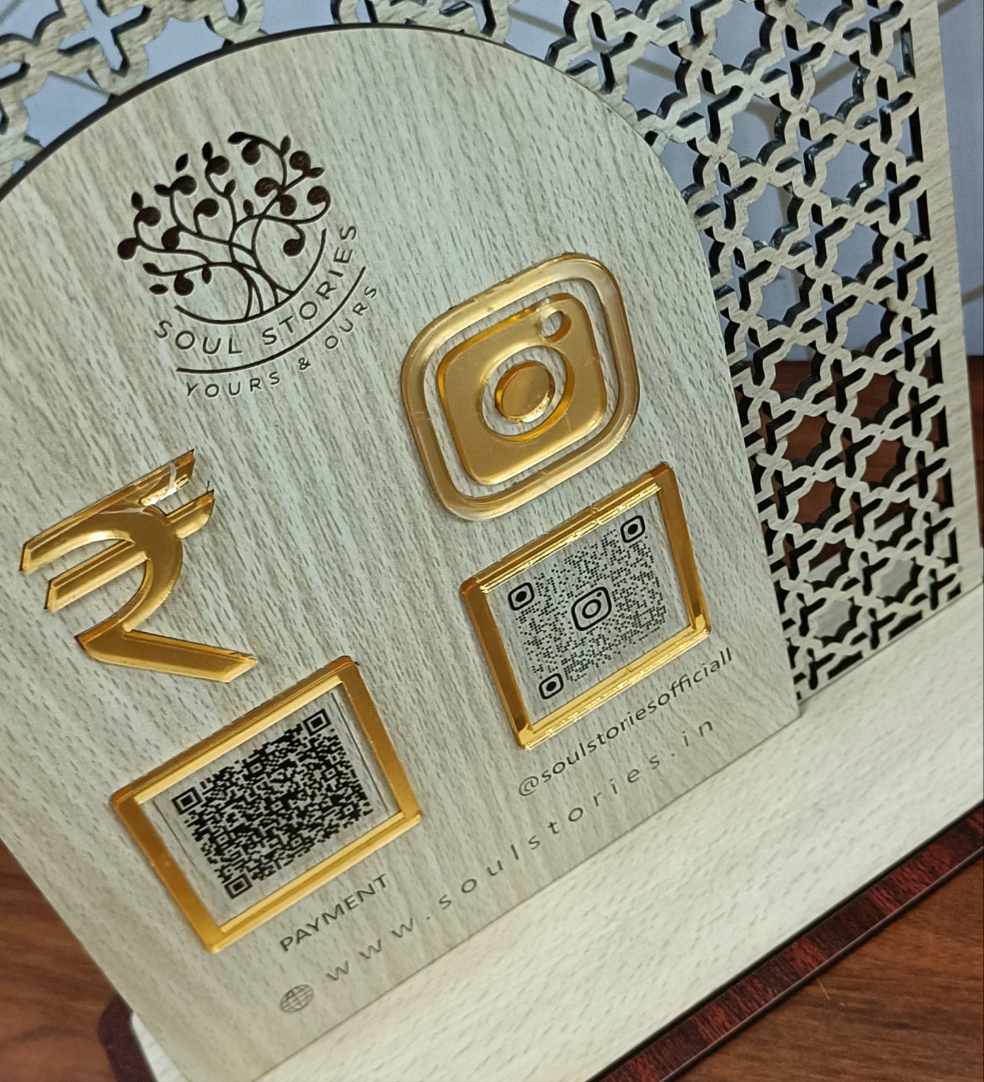Elegant Wooden QR Code Standee With Laser Cut & Engraved