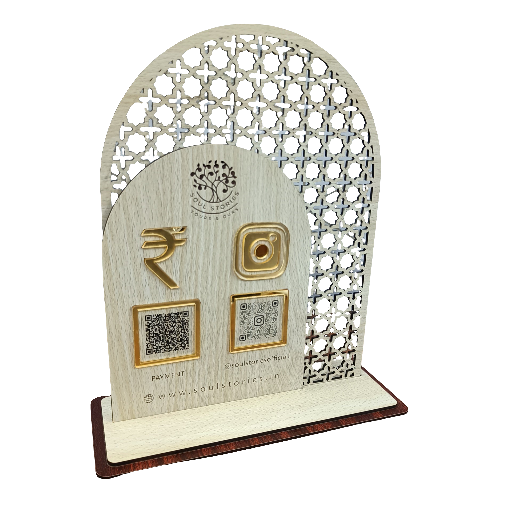 Elegant Wooden QR Code Standee With Laser Cut & Engraved
