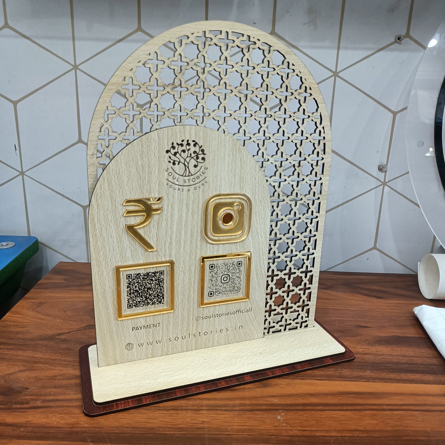 Elegant Wooden QR Code Standee With Laser Cut & Engraved