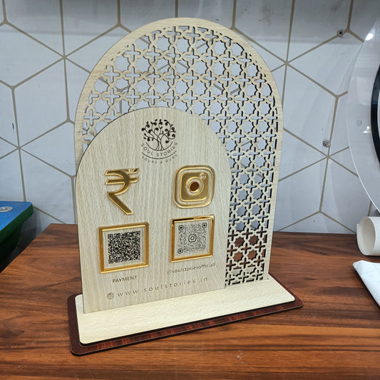 Elegant Wooden QR Code Standee With Laser Cut & Engraved